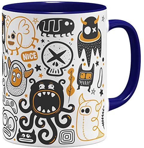 OM3® silly Monster Kaffeetasse lustige Kaffee-Tasse mit Monstermotiv Doodle | Keramik Becher | 11oz 325ml | Rundumdruck | Dunkelblau