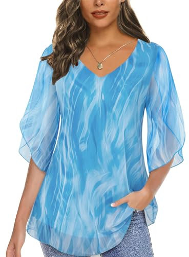 Syphiby Blouses for Women Fashion 2022 Chiffon Ruffle Sleeve Double Layers V Neck Long Shirts for Leggings Wedding Church Going Out Flowy Petite Tops Blue-Medium
