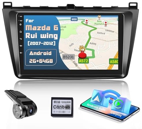 Hikity Wireless CarPlay Android Autoradio 2+64GB für Mazda 6 2007 2008 2009 2010 2011 2012 Radio mit Dashcam 9 Touchscreen Autoradio mit Navi Bildschirm WiFi RDS Radio SWC