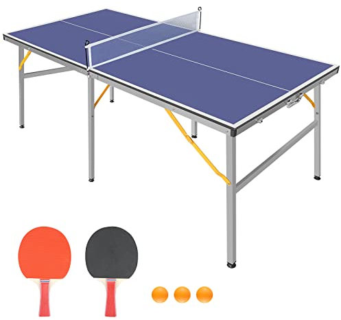 REXOUS 6ft Mid-Size Table Tennis Table Foldable & Portable Ping Pong Table Set for Indoor & Outdoor Games with Net, 2 Table Tennis Paddles and 3 Balls,blue