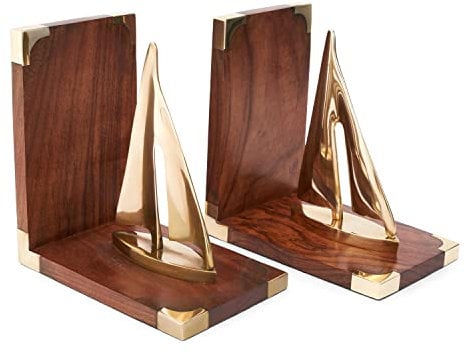 NKlaus 1 Paar Maritim Buchstützen Segler 16x10x17cm Messing Gold und Holz für stilvolle Büro- oder Wohnzimmer-Dekoration 11524