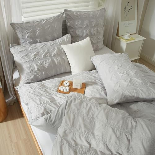 YASMENG Seersucker Bettwäsche 220x240 Sommer Grau Modern Kariert Bettwäsche Weiche Flauschig Atmungsaktiv Bettbezug Set Mikrofaser Bettwäsche 3 Teilig mit Reißverschluss und 2 Kissenbezüge 80x80 cm