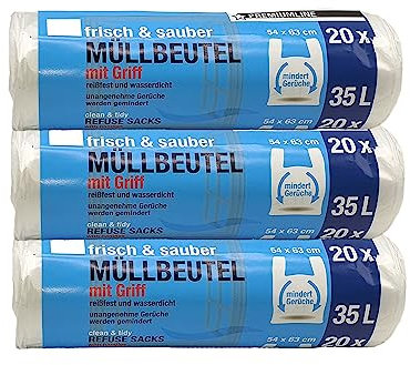 Müllbeutel Premium-Edition - Besonders reißfest und wasserdicht - Mit praktischem Trage-Griff für einfache Entsorgung und saubere Mülltrennung (35 Liter - 3 Rollen)