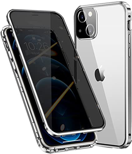 Astter Privacy Case for iPhone 14 Plus,360 Degree Full Body Protection Anti-peeping Tempered Glass Cover,Anti Spy Screen Protector,Magnetic Adsorption Metal Cover+Camera Lens Protector-Silver