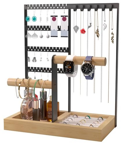Benxdara Jewellery Stand Organiser, 4-Tier Necklace Holder Stand Display with Necklace Organizer & Earring Holes, Wooden Ring Organizer Earring Tray for Bracelets Watches Earrings Rings, Black