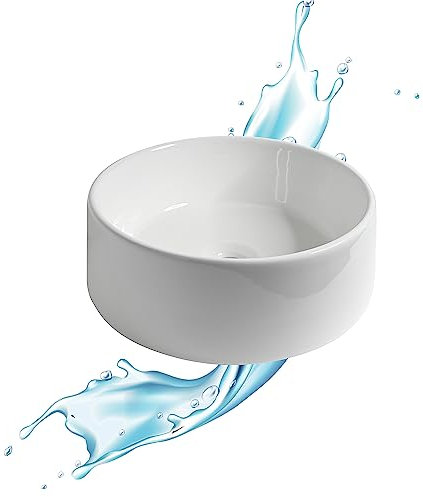 Lavabo de baño forma redonda de cerámica blanca brillante Medidas 41 x 41 x 15,5 cm – Para encimeras de baño y muebles de aseo