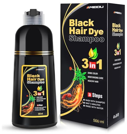 IIIMEIDU Black Hair Dye Shampoo 3 in 1 for Gray Hair, Herbal Ingredients Shampoo Black Hair Dye for Women Men, Grey Coverage Shampoo 500ml