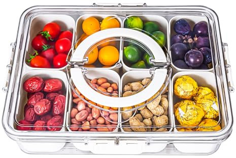 Bandeja dividida para servir con tapa y asa, contenedor de charcutería para platos portátiles de aperitivos, organizador transparente para dulces, frutas, frutos secos, aperitivos, perfecto para