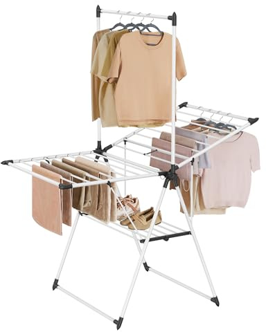 SONGMICS Wäscheständer, zusammenklappbar, Wäschetrockner mit 2 Ebenen, Flügelwäscheständer, freistehend, 1 obere Hängestange, 2 höhenverstellbare Flügel, 24 Stangen, platzsparend, weiß LLR521W01