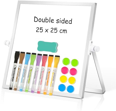 DOLLAR BOSS Magnetic Desktop Whiteboard 25x25cm Double Sided Dry Erase Small White Board with Stand, Mini Whiteboard, 1 Eraser, for Kids Students School, Home, Office