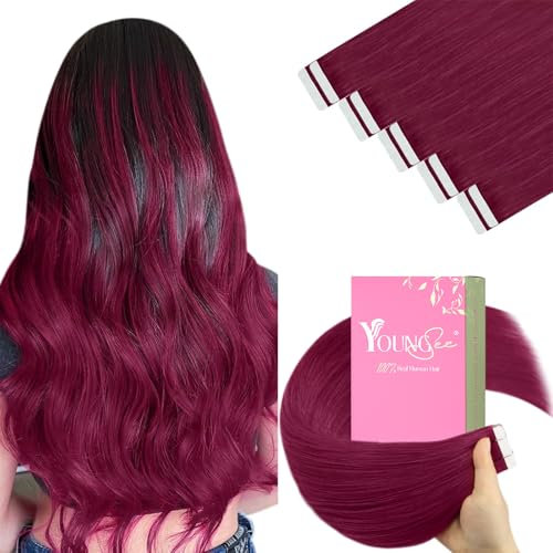 YoungSee Tape Extensions Echthaar Burgundy Tape in Extensions Bunt Echthaar Extensions Tape Rot Skin Weft Tape in Extensions Echthaar 50cm Invisible Tape Echthaar Extensions 25g 10pcs #530