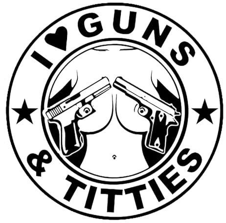I Love Guns & Titties - Allwetter-Aufkleber, Vinyl-Aufkleber, Auto, Laptop, LKW, Werkzeugkasten, Fenster, Tumbler, Boot, Anhänger usw (Gold, 5x6)