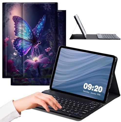 for Samsung Galaxy Tab A8 10.5 Case with Keyboard, Strong Magnetic Sealing Detachable Bluetooth Wireless Keyboard Leather Cover for Samsung Galaxy Tab A8 Case, Glowing Purple Butterflies