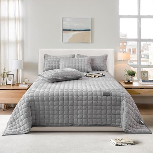 OKYUK Luxus-Samt-Bettwäsche-Set, Tagesdecke, Stepp-Bettwäsche-Set, Bettüberwurf oder Sofaüberwurf,mit 2 passenden Kissenbezügen, für alle Jahreszeiten (Hellgrau,230 * 250cm