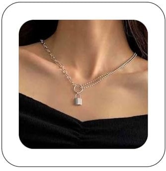 Dervivea Boho Lock Pendant Necklace Layered Padlock Chain Necklace Silver Lock Key Necklace Ball Chain Choker Necklace Small Lock Shape Necklace Jewelry for Women