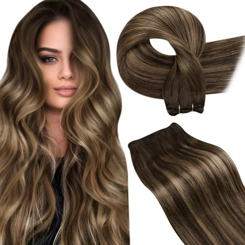 LaaVoo Echthaar Extensions Tressen Braun Ombre Haartressen Echthaar Zum Einnähen Dunkelbraun Balayage Karamellblond Haarverlängerung Echthaar Tressen Menschliches Haar 100g #4/27/4 55cm