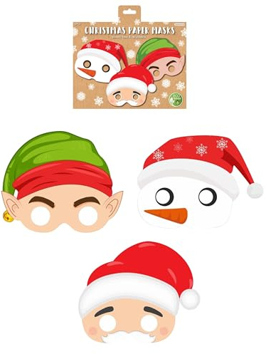 HENBRANDT 1 x Christmas Paper Party Masks for Kids 3 Assorted Designs Pack of 12 Xmas Face Masks Fancy Dress Costume Stocking Fillers Loot Bag Fillers Christmas Party Favours for Boys and Girls