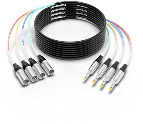 PRORECK 20ft Snake Cable, 4-Channel Shielded Audio Cable 1/4'' TRS to XLR Male, with Color-Marked Connectors for Professional Stage, Studio, and Live (PR-TRS/XLR-4 * 20M)