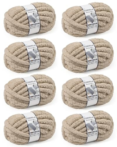 Cozyful Lot de 8 pelotes de fil épais pour tricot à la main, #9 - Fil chenille épais - Pour crochet, couverture et couverture - Grands fils chenille et épais - 27,7 m de chaque écheveau - Kaki