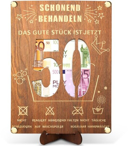 Holz-Geldgeschenke für den 50. Geburtstag - 20 x 15cm mit Ständer und Grußkarte