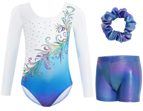 Gogokids Mädchen Drei Teile Langarm Turntrikot Set - Kinderturnoutfits mit Farbverlauf Pailletten Design, Inklusive Turntrikot, Shorts und Haarband, Funkelnde Ballett Unitards für Alter 9-10