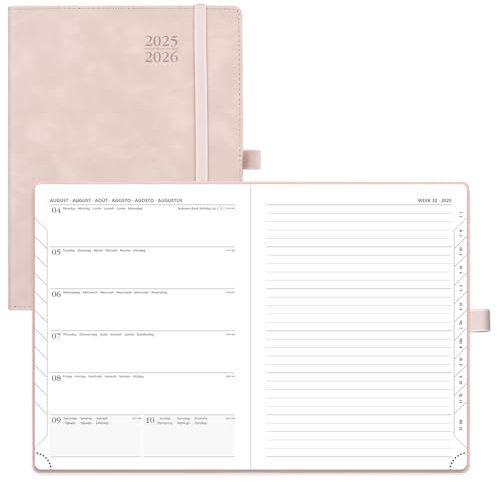 POPRUN Kalender 2025 2026 Buchkalender Notizbuch (Aug.2025-Dez.2026), ca. A5 (22 x 16,5 cm), Terminplaner, Wochenplaner Softcover mit PU-Leder, Zertifiziertem Papier - Zartrosa