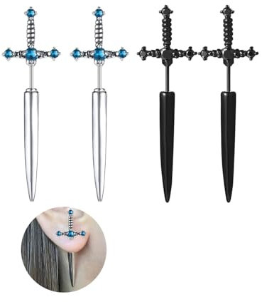TOZBLEU Ohrringe Ohrstecker,2 Paar vintage Ohrringe,Edelstahl Gothic Punk Langes Schwert Ohrstecker Kreuz Dolch Schraube Ohrring Helix Tragus Ohr Piercings für Männer und Frauen