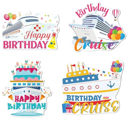 Birthday Cruise Door Magnets Decorations, 4 Pcs Colorful Happy Birthday Cruise Ship Magnets, Magnetic Stickers for Cruise Ship Cabin Door Stateroom Decor