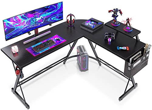 ODK 147 x 120 cm Eckschreibtisch, L Form Gaming Schreibtisch mit runder Ecke, Gaming Tisch mit Monitorablage, L Computertisch, Klassisches Schwarz, Schwarz Gaming Schreibtisch