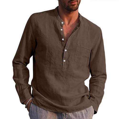 Rodawu Mens Linen Shirts Long Sleeve Casual Cotton Summer Beach Henley Shirt Tops Coffee 2XL