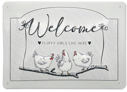 Eivolution Dekoschild designed by Hühnergeschichten Welcome - Landhaus Deko Schild mit Huhn Motiv - Metall Deko für Haus & Garten