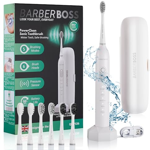 BarberBoss Elektrische Zahnbürste für Erwachsene – verfügt über 5 Reinigungsmodi, inklusive 6 Zahnbürstenköpfen, erweitert mit Drucksensor, intelligentem Timer und Reiseetui, Modell QR-7536 (Weiß)