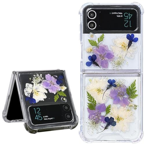 Efitoo for Samsung Galaxy Z Flip 3 Phone Case Cute Transparent Shockproof Cover Clear with Blue White Real Pressed Dried Floral Design for Women Girl, Anti-Scratch Slim Protective Cases