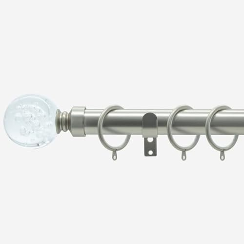 Brushed Steel 28mm Glass Bubbles Fixed Length Metal Curtain Pole | Brushed steel 28mm fixed metal curtain pole with glass bubbles finials. Strong, durable design for easy curtain hanging.