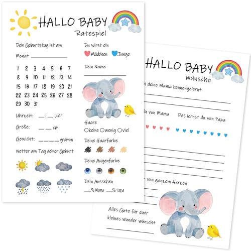 30x Babyparty Spiele Karten zum Ausfüllen Tippkarten Jungen Mädchen Ratespiel für Gender Reveal Feier