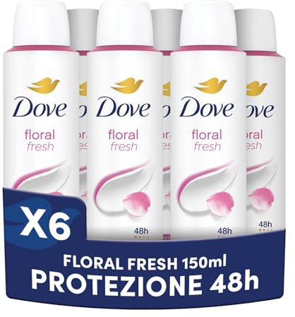 Dove Deodorante Spray, Dove Classic Care Floral, Deodorante Antitraspirante Spray, Protezione Fino a 48 Ore, con 1/4 di Crema Idratante, Formula Delicata, Deodorante Uomo e Donna, 6 Pezzi da 150 ml