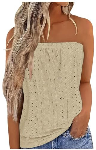 Summer Tops for Women UK Sale Promotion Strapless Vest Tops Sleeveless Tube Bandeau Top Casual Loose Fit Blouse Tunic T Shirts Trendy Plain T Shirt Eyelet Tees Tank Top Clearance
