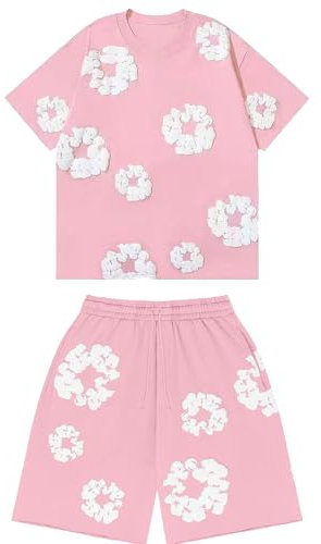 Denims-Tears Ensemble Short Tee Shirt Enfant Survêtement d'été Vetement Mode Grande Taille Décontracté Haut Et Short De SurvêTement Fleurs Sweatshirt pour Garçon Fille (01-1-Pink, 13-14 Years)