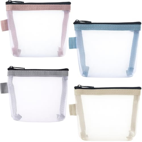 BEIQIYA Small Makeup Bag, Mini Zipper Mesh Makeup Bags, Portable Cosmetic Pouch for Woman Purse Lipstick Keys Essentials Items Earphone Bank Cards, 4pcs-Blue & Pink & Yellow & Gray, Portable