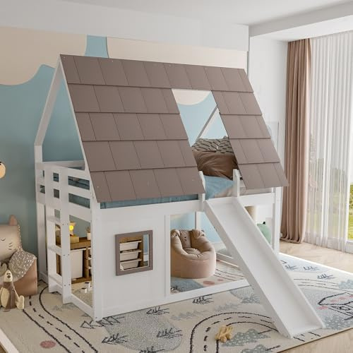 DUlVBPE 140 x 200 Holzhaus-Etagenbett mit Dach, Leiter und Rutsche, Weiß+Braun