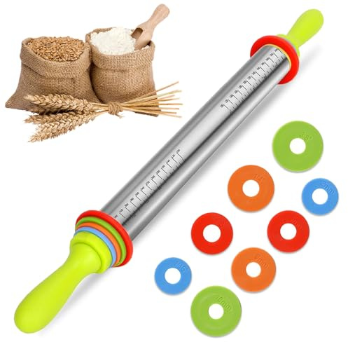 Nudelholz Edelstahl, 61cm Edelstahl Teigroller mit Abstandshalter für Teigdicken, Nudelholz mit Griff, Einstellbares Teigroller, Rolling Pin Backzubehör für Pizza, Cookie, Gebäck Teig, Pie Crust