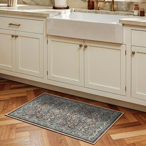 Decoranddecor Floral Washable Rug 60x90cm Bedroom Bath Non-Slip | Grey Bath & Bedside Mat, Machine Washable Rug, Area Rug, 6mm Low Pile, Pet Friendly, Stain Resistant