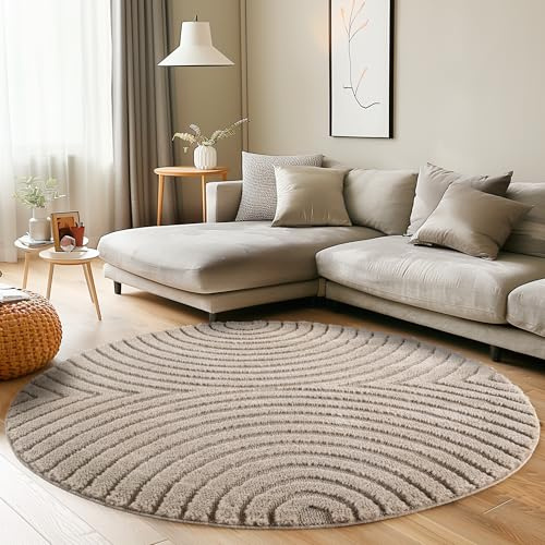 Carpettex Wohnzimmer Teppich Rund 160 cm Beige Hochflor Skandi Boho Design Hoch-Tief Effekt Weicher Shaggy Langflor Flauschig Pflegeleicht Modern für Schlafzimmer