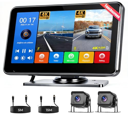 Hikity 9-32V 4K DVR 2 Caméra de Recul avec Moniteur IPS 7 Pouces | Enregistrement en Boucle 1080P Camera Recul IP68 Étanchéité Vision Nocturne Android Cast Caméra de Recul pour Voiture Camion