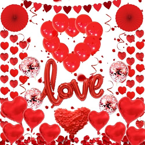 Valentines Decorations Set, Red Heart Balloons, 40in LOVE Foil Balloon, Red Paper Fans & Bunting & Tassels & Garland with 500 Rose Petals for Valentine's Day Wedding Proposal Party Anniversary Décor