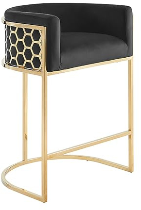 invicta INTERIOR Stilvoller Barhocker Elegance - schwarz -Samt - Hocker mit goldenem Fuß Edelstahl mit Armlehne