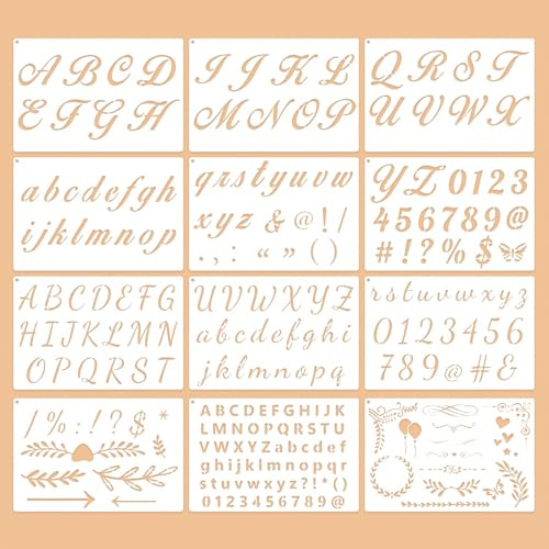 GZRXIOUS 12 PCS Buchstaben und Zahlen Schablonen Set Buchstaben Schablonen groß 21x14cm mit 1,5 – 15 cm Schriftgröße Malschablonen Buchstabenschablonen aus PET als mal Schriftschablone für DIY Basteln