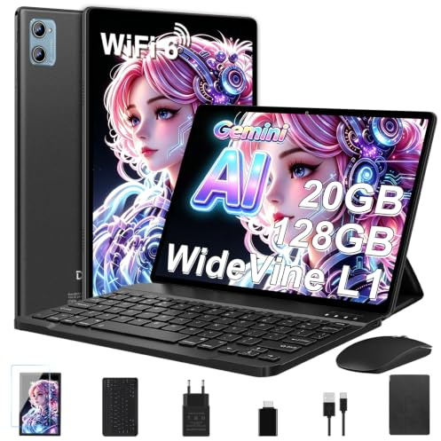 Tablette Android AI Tablette 10 Pouces avec 20Go RAM+128Go ROM(TF/2To),Octa-Core, WiFi 6, 5G+2.4G WiFi, BT 5.0, GMS Certified, Widevine L1, Tablette Tactile 2 en 1 avec Clavier Souris et Cas -Noir