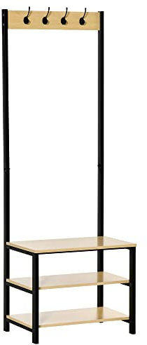 HOMCOM Porte-manteau vestiaire d'entrée dim. 60L x 40l x 175H cm 3 étagères 4 patères double crochet MDF bois clair acier noir