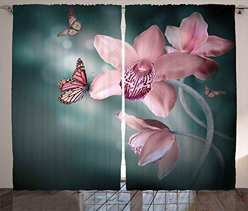 ABAKUHAUS Blumen Rustikaler Vorhang, Orchideen-Blume Schmetterling, Wohnzimmer Universalband Gardinen mit Schlaufen und Haken, 280 x 175 cm, Jadegrün Baby